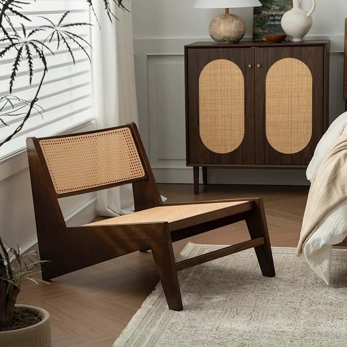 Mid-Century Accent Chair, Rattan Lounge Chair for Living Room, Boho Side Corner Comfy Chair for Bedroom and Balcony, Walnut-Ruum Studio Home
