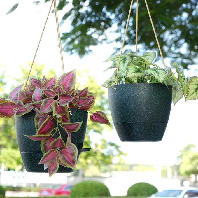10 Inch Self Watering Hanging Pots, 2 Pack Hanging Planters with 40oZ Deep Reservior for Indoor Outdoor Plants Flowers, Black Speckles-Ruum Studio Home