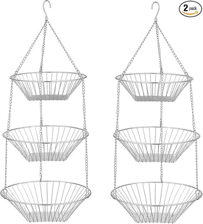 3-Tier Wire Fruit Hanging Basket 2 Packs, non-Punching Wall Hanging Storage, Kitchen Bathroom Organization Basket, Suitable for Bathroom, Kitchen, Closet, Garden, Chrome-Ruum Studio Home