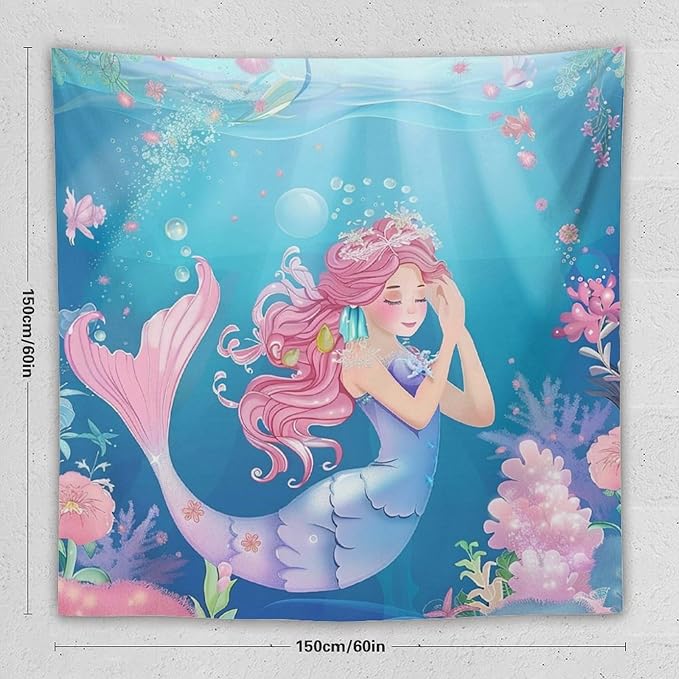 HZOHNAGO Mermaid Girls Tapestry Watercolor Flowers Mermaid Princess Blessing Pattern for Kids Room Decoration Printed Wall Tapestry Wall Hanging for Bedroom Living Room Dorm 60" W x 60" H-Ruum Studio Home
