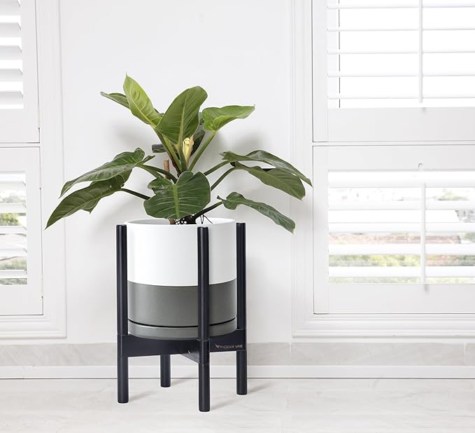 D'vine Dev Ceramic Planter with Ebony Stand - 10 Inch Modern Round Flower Pot with Wood Planter Holder, White/Grey, 55-B-L-6-Ruum Studio Home
