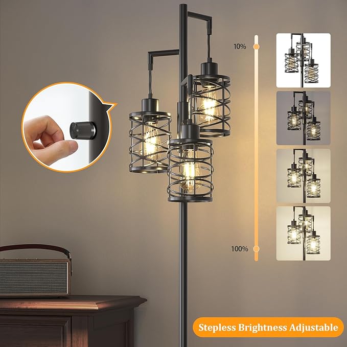 Oneach 70" Industrial Floor Lamp, Stepless Dimmable Standing Lamp with 3 Bulbs, Farmhouse Corner Standing Tree Lamp for Living Room, Tall Lamps for Bedroom, Office, Study Room, Dining Room, Black-Ruum Studio Home