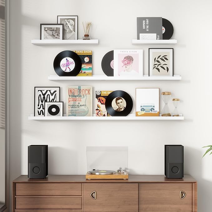 Picture Ledge Shelf for Wall, 36 inches Solid Pine Wood Nursery Book Shelves 3 Packs, Floating Ledge Shelves for Kids' Room Bedroom Bathroom Living Room Photo Frames Office Nursey Wall Decor, White-Ruum Studio Home