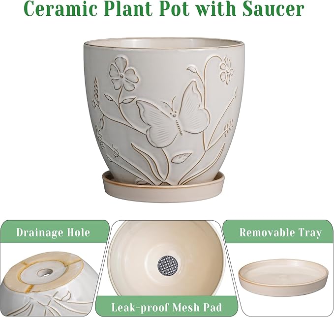 6 Inch Ceramic Plant Pot for Indoor Plants Outdoor Round Planter Flower Pot with Drainage Hole and Saucer for Home Garden Office Decor White-Ruum Studio Home
