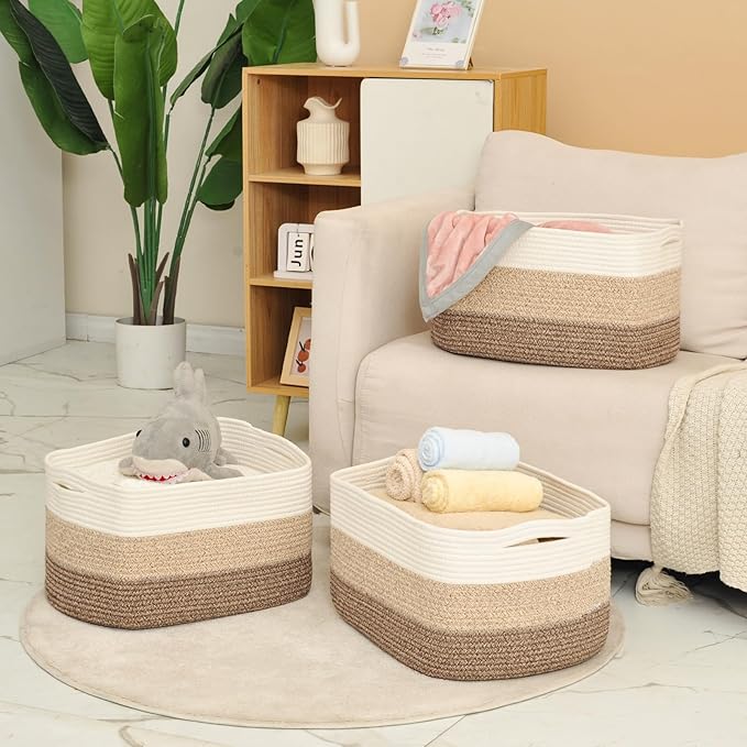 Large Storage Baskets for Organizing Shelves, Woven Cotton Rope Bins for Baby Nursery Organization, Book Toy Towel Organizer, 17"x13"x9.5", 3 Packs, Gradient Brown-Ruum Studio Home