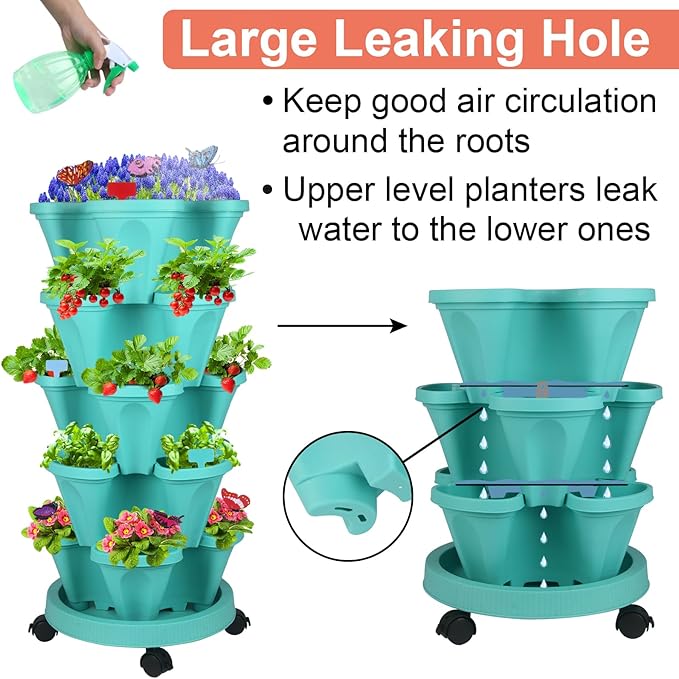 Vertical Planter, 5 Tier Stackable Strawberry Planter with Garden Tool Set, Movable Indoor/Outdoor Garden Herb Pot for Growing Vegetables and Succulents, Teal-Ruum Studio Home