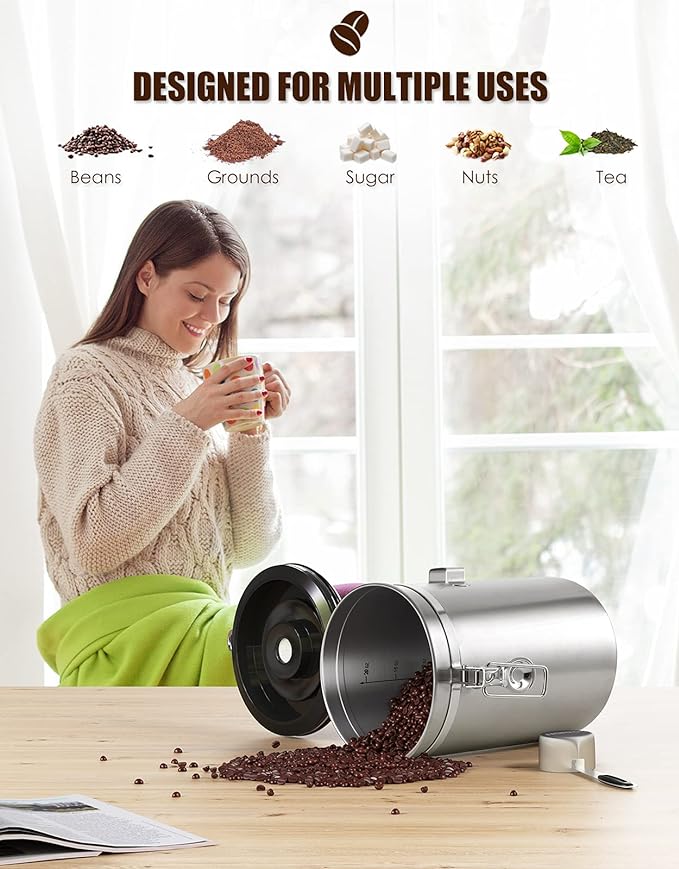 HAIOOU Airtight Coffee Canister, 16OZ Small Stainless Steel Coffee Bean Storage Container with Date Tracker, Measuring Scoop, CO2 Releasing Valves and Mini Tongs for Beans, Grounds and more - Silver-Ruum Studio Home
