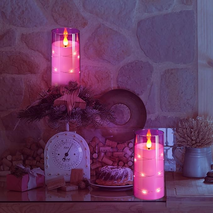 NURADA 3"x6"Flickering Flameless Candles: Built-in Star String Lights 3D Wick Battery Operated LED Pillar Candles with Remote and Timer for Table Wedding Centerpieces Party - 2 Pack Purple-Ruum Studio Home