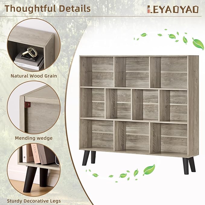 LEYAOYAO 10 Cube Bookshelf,3 Tier Modern Wide Bookcase with Legs,Mid-Century Wood Bookshelves Storage，Retro Grey Large Book Case,Freestanding Organizer Display Shelf for Bedroom,Living Room,Office-Ruum Studio Home
