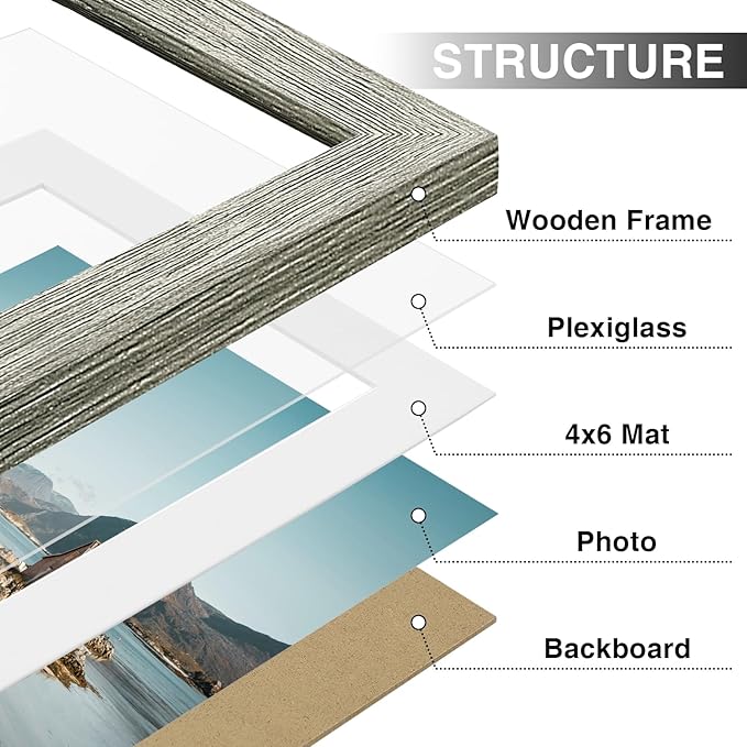 Vittanly 5x7 Picture Frames Set of 9, Shatter Resistant Plexiglass, Display 4x6 Pictures with Mat or 5x7 without Mat, Photo Frames for Wall or Tabletop, Engineered Wood, Grey-Ruum Studio Home