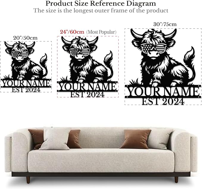 Personalized Highland Cow Name metal Signs,Custom Highland Cow Metal Shed Wall Decor,Black Metal Wall Art Plaques Outdoor wall Decorative Signage (Style C)-Ruum Studio Home