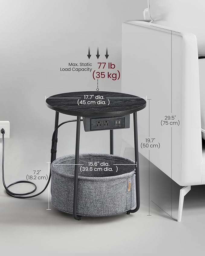 VASAGLE Side Table with Charging Station, Round End Table with Fabric Basket, Nightstand with Power Outlets, USB Ports, for Living Room, Bedroom, Modern, Ebony Black and Slate Gray ULET228B01-Ruum Studio Home
