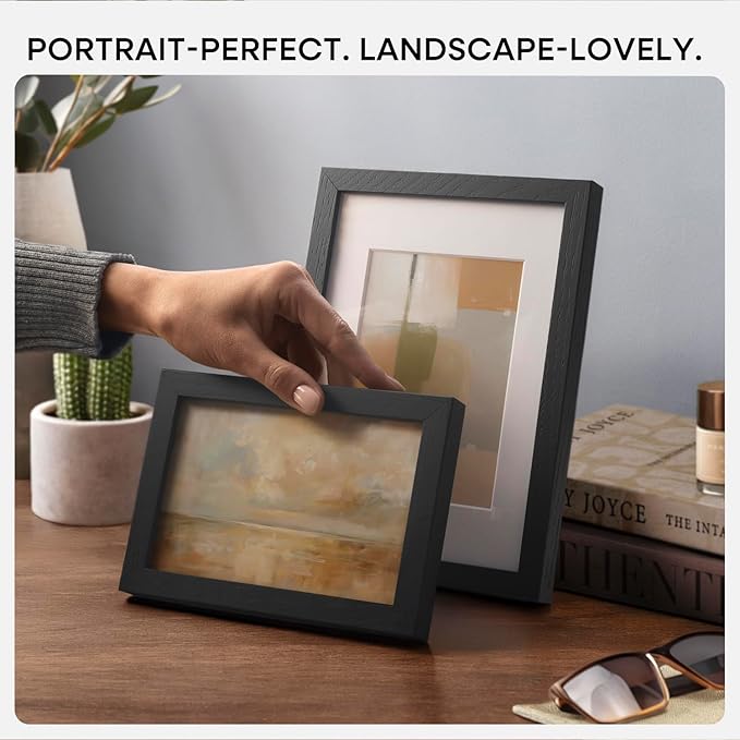 Homeforia 8x12 Black Picture Frame, High End Oak 8 x 12 Wood Frames with Mat 6 by 8 Print, 8by12 Wooden Frame Matted to 6x8 inch Photo, 12x8 Wall or Tabletop Frames, Tempered Glass, Wall Kit, Set of 1-Ruum Studio Home