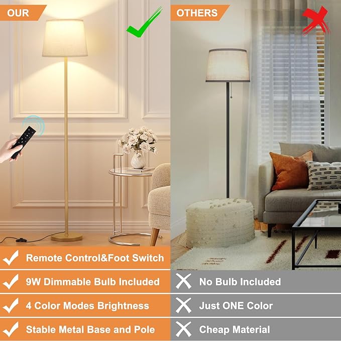 【Upgraded Floor Lamps for Living Room, Modern Floor Lamp with Remote Control, Dimmable Colors Temperature Standing Lamp Foot Switch, 9W Bulb Tall Lamps for Bedroom Office Kid Room - Gold-Ruum Studio Home