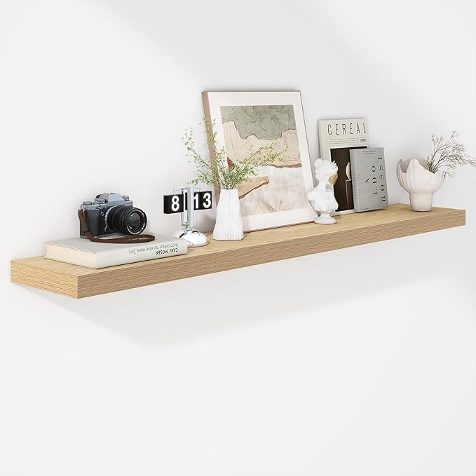 Fun Memories 55 Inch Floating Shelves - 9 Inch Deep Rustic Wooden Wall Shelves - Extra Deeper & Thicker Wall Mounted Storage Shelf for Living Room, Kitchen, Farmhouse - 55" W x 9" D x 1.8" H - Oak-Ruum Studio Home