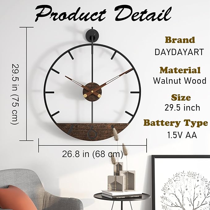 Modern Wood Walnut Dial Wall Clock, Large Simple Wall Decor Metal Frame Silent Non Ticking Clock for Living Room, Kitchen, Bedroom, Study Decoration, Handmade Home Present Idea, 29.5 in