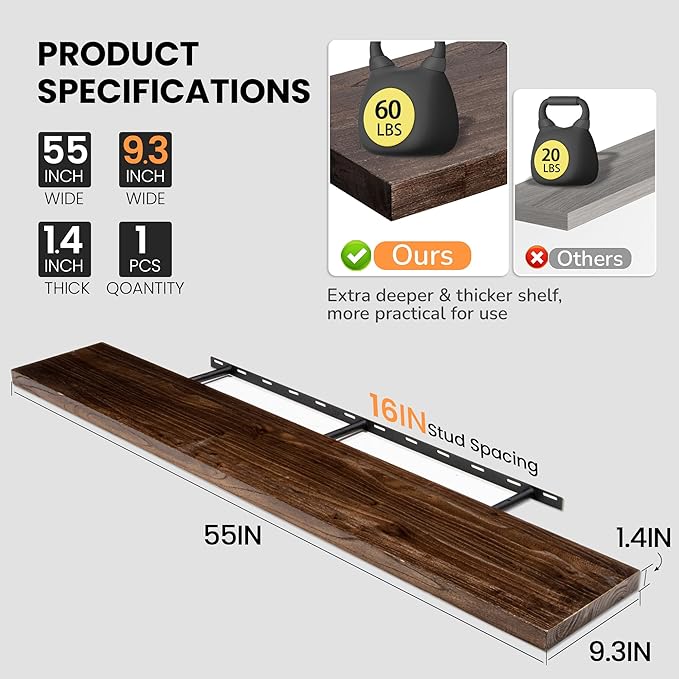 Fun Memories Floating Shelves for Wall, 55"x9.3" Rustic Solid Elm Wood Shelves, Heavy-Duty Wall Mounted Shelves with Invisible Brackets for Living Room, Bedroom, Kitchen, Walnut Finish-Ruum Studio Home