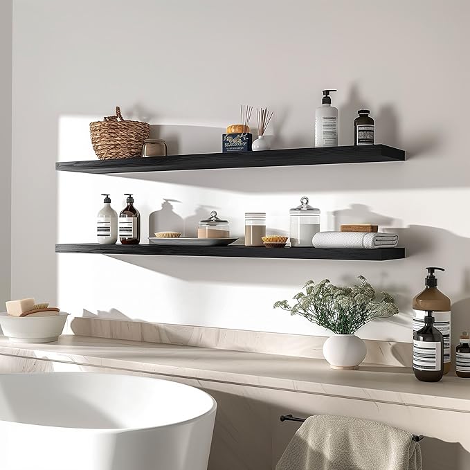Wood Floating Shelves for Wall Decor, Rustic Wall Shelves for Bedroom Bathroom Kitchen Living Room, Set of 4 Black 48 Inch-Ruum Studio Home