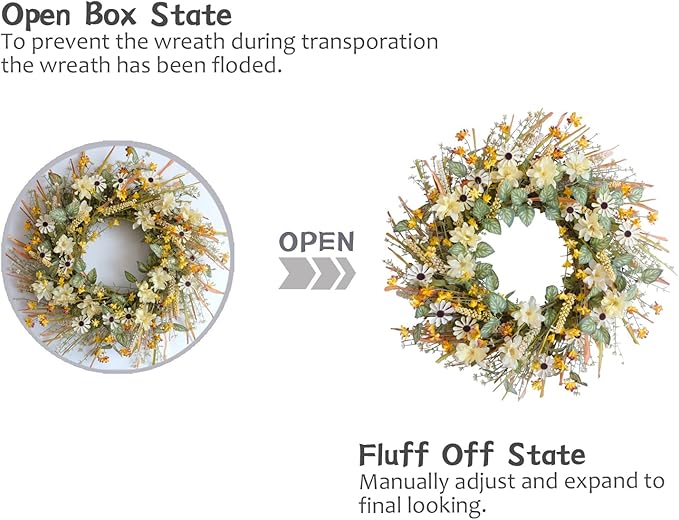 idyllic 20 Inches Spring Summer Front Door Wreath, Yellow and White Daisies Flowers, Ear of Wheat, Green Leaves Wreath for Front Door-Ruum Studio Home