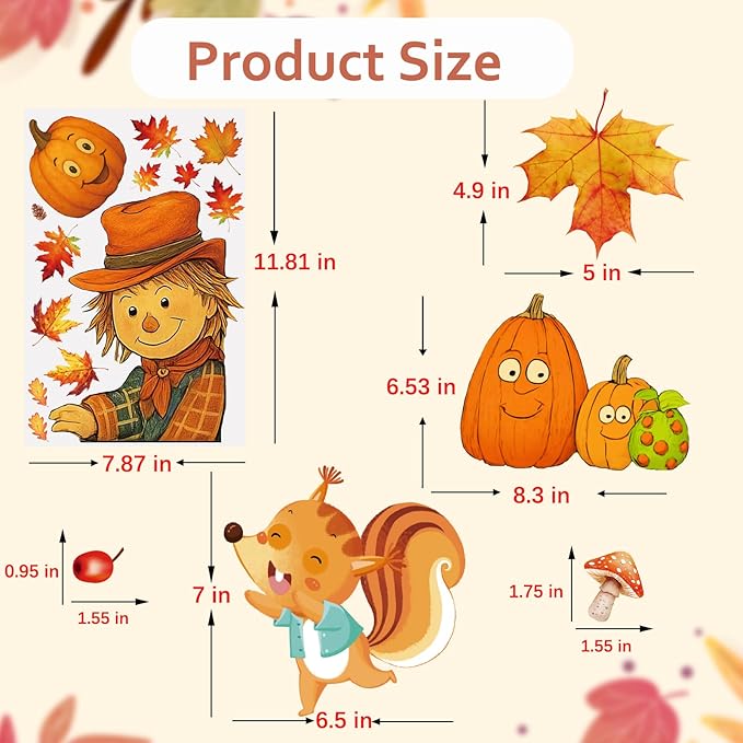 DC-BEAUTIFUL 153 Pcs Fall Window Clings, 12 Sheets Double Sided Autumn Pumpkin Scarecrow Maple Leaf Glass Stickers, Reusable Static Thanksgiving Window Decals Party Decors for Home Office School Shop-Ruum Studio Home
