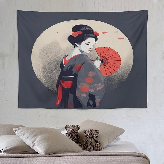 Japanese Woman Geisha Tapestry Asian Red Cherry Blossom Red Sun Traditional Kimono Folk Tapestries Home Decor for Living Room Bedroom Apartment Farmhouse Dorm 80"x60"-Ruum Studio Home