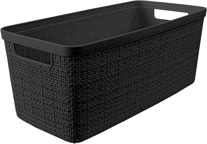 Curver Set of 8 Jute Slim Decorative Plastic Organization and Storage Baskets, Perfect Bins for Home Office, Closet Shelves, Kitchen Pantry and All Bedroom Essentials, Black-Ruum Studio Home
