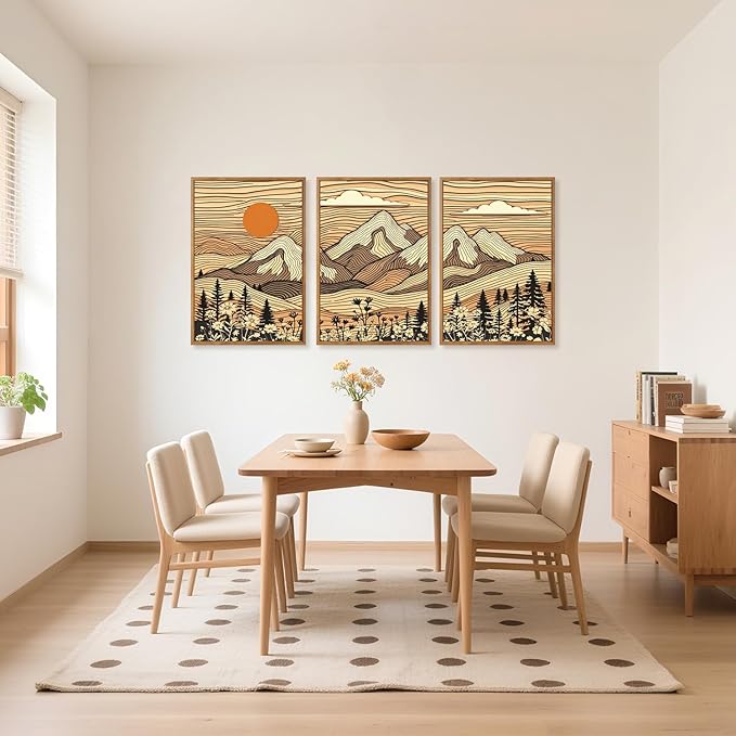 HPNIUB Mountain Framed Canvas Wall Art, Vintage Pine Tree Wall Decor, Country Wilderness Forest Wildflower Painting, Modern Nature Sun Art Prints for Living Room,Bedroom,Farmhouse- 16"x24"x3-Ruum Studio Home