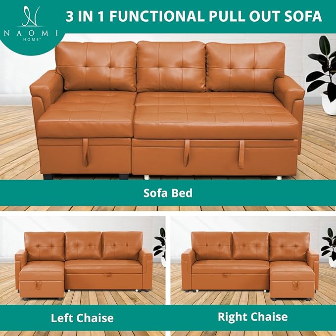 Naomi Home Transform Any Space: Sleeper Sectional Sofa with Convertible Sofa Bed & Inviting Chaise. Find Tranquil Comfort with Stress-Relieving Design & Durable Cushions - Caramel,Air Leather-Ruum Studio Home
