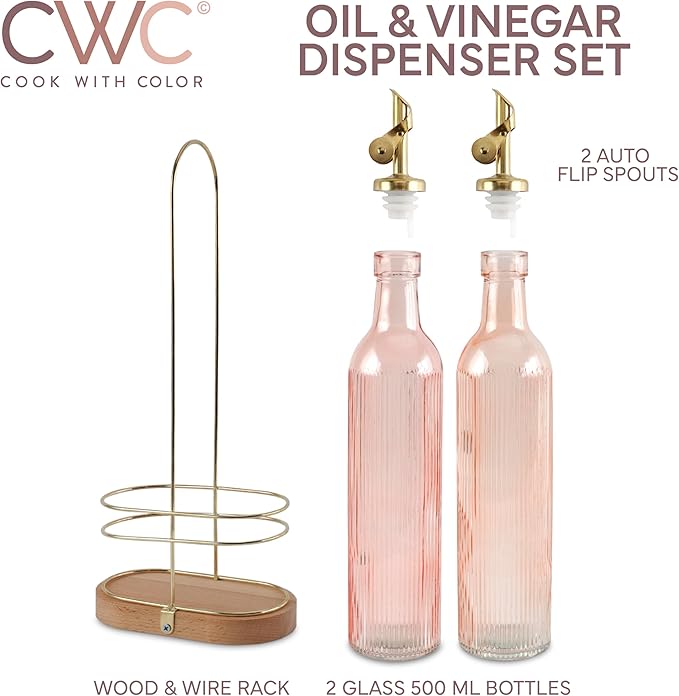 COOK WITH COLOR Glass Olive Oil Dispenser Bottle - 2 Pack, 17 oz Cruet - Elegant Carafe Decanter with Spout for Kitchen, Suitable for Vinegar, Coffee Syrups & Other Liquids-Ruum Studio Home