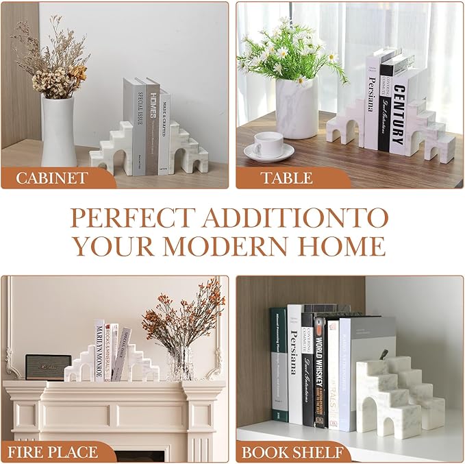 Natural Marble Book Ends for Shelves, Decorative Bookends for Heavy Books, CastleGuard Bookend Book Holder Stopper for Home Office Desk Bookshelf Decoration, Set of 2 (Oriental Calacatta)-Ruum Studio Home