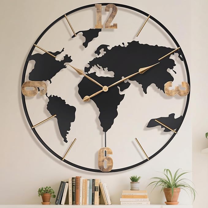 36 Inch Oversized Giant Extra Large Modern Decorative Metal World Map Wall Clock,Big Vintage Gold Arabic Numeral Wall Clocks for Living Room,Entryway,Office,Fireplace,Dining Room-Ruum Studio Home