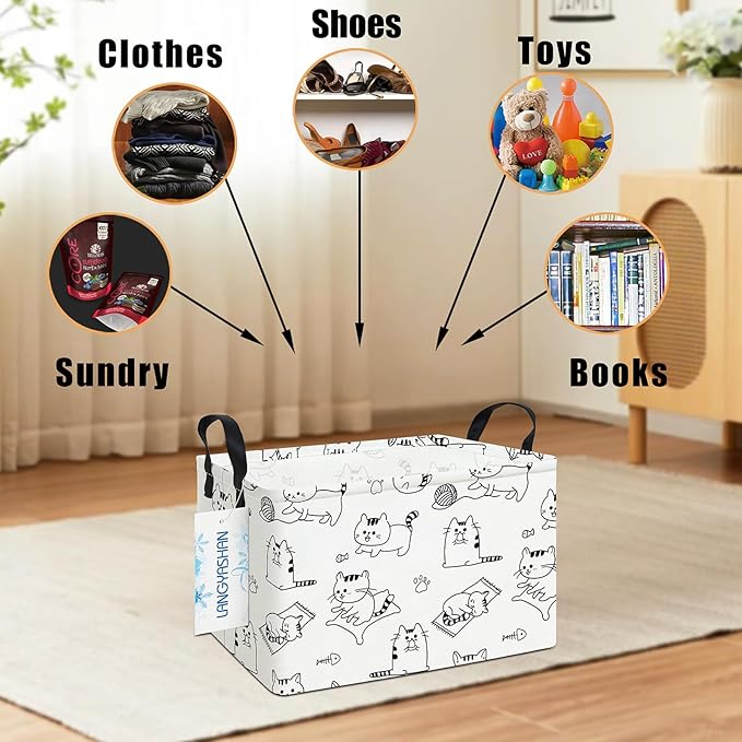 LANGYASHAN Rectangular Storage Bin Collapse Canvas Fabric Cartoon Storage Basket with Handles for Organizing Home Kitchen Boys and Girls Toys Office Closet Shelf Baskets (Rec Cat)-Ruum Studio Home
