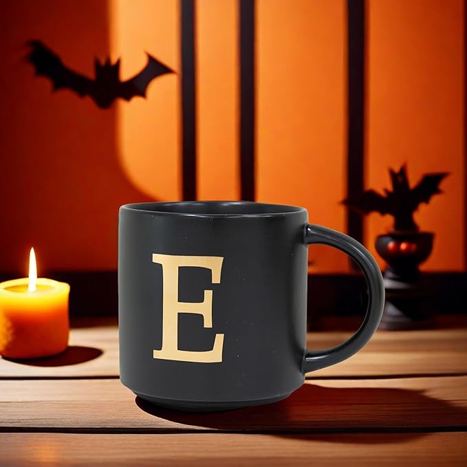 COLLECTIVE HOME - Monogram Ceramic Mugs, 15 oz Golden Initial Black Coffee Cups, Elegant Alphabet Tea Mugs, Elegant Personalized Mug with Gift Box, Unique Mug with Double Side Capital Lette (E)-Ruum Studio Home