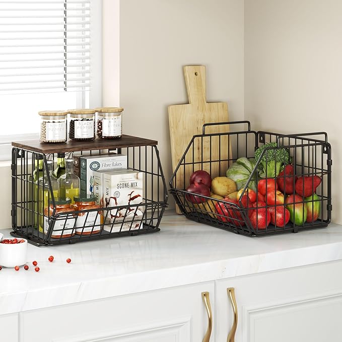 Wetheny 2 Tier Stackable Wall Mounted Wire Basket Fruit Basket with Wood Lid - Kitchen Pantry Organization and Storage, Hanging Storage Basket for fruits, Onion, Potato, Produce, Vegetable (Black)-Ruum Studio Home