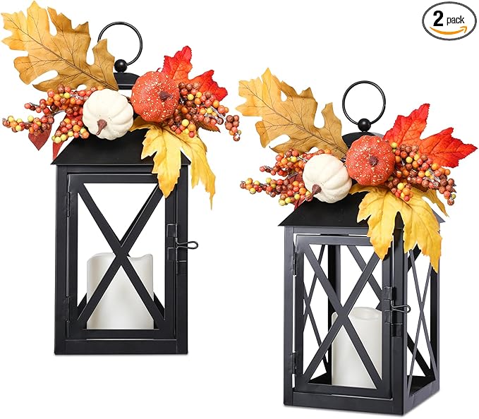 Fall Decor Lantern for Home, Large Decorative Lanterns Outdoor Waterproof 12" Battery Powered Decorative Lanterns Metal Hanging LED Candle Holder, Flameless Candle Lantern for Indoor 2 Packs-Ruum Studio Home