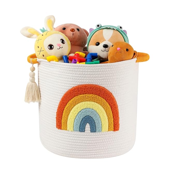 INough Toy Storage Baskets Woven Cotton Rope Storage Basket Kids Blanket Baskets for Living Room, Toys Organizer with Embroidery Colorful Rainbow Decor, Baby Basket for Laundry Nursery (Boho Rainbow)-Ruum Studio Home