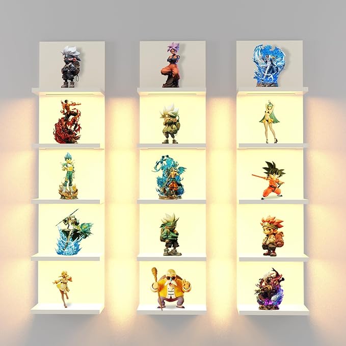 5 Tier Wall Shelf with Light, White Modern Vertical Lack Wall Shelves, Wall Mount, Floating Column Home Decor Shelves for Bedroom, Living Room, Vanity Storage Display-Ruum Studio Home