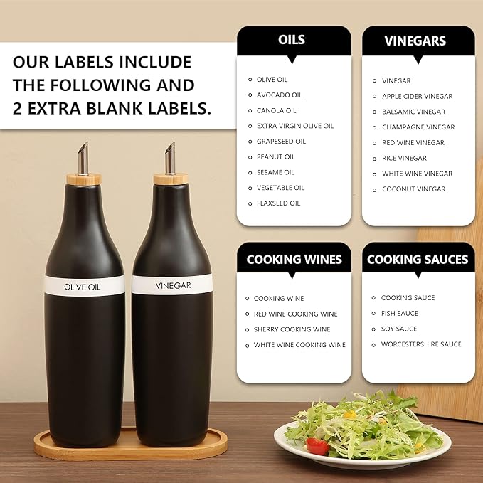 HOMCDALY Olive Oil and Vinegar Dispenser Set, Two 16oz Ceramic Oil Dispenser for Kitchen, Kitchen Dispenser Bottle for EVOO Vinegar Syrups, Modern Farmhouse Design| Set of 2 – Black-Ruum Studio Home