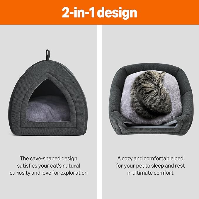 Amazon Basics Cat Cave Bed, 2-in-1 Foldable House for Indoor Cats, with Washable Cushion and Non-Slip Base, 15 x 15 Inches, Small-Ruum Studio Home