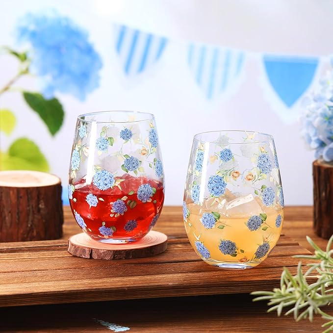 Sliner 2 Pack 17oz Hydrangea Stemless Wine Glasses Spring Summer Floral Drinking Glasses Hydrangea Tumbler Cups for Spring Summer Parties Supplies Birthday Gift-Ruum Studio Home