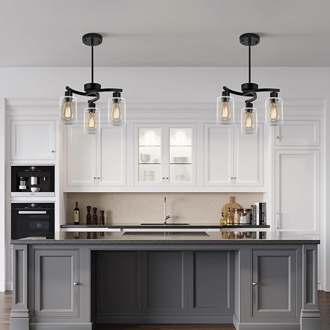 3-Light Modern Farmhouse Black Pendant Lights Kitchen Island, Adjustable Height Contemporary Chandeliers for Dining Room Light Fixture Hanging, Clear Glass Shade-Ruum Studio Home