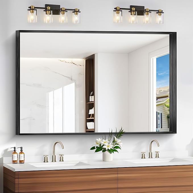 Black Bathroom Mirror, 36x55 Inch Rectangular Deep Frame Mirror, Large Wall Mounted Bathroom Vanity Mirror Over Sink for Bedroom,Restroom, Living Room, Hangs Vertically or Horizontally-Ruum Studio Home