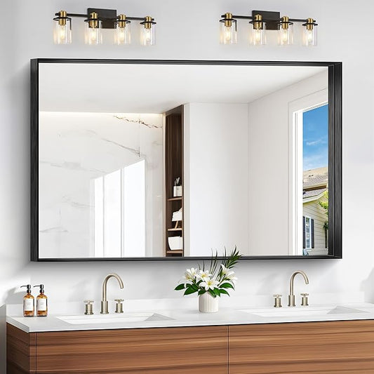 Black Bathroom Mirror, 36x55 Inch Rectangular Deep Frame Mirror, Large Wall Mounted Bathroom Vanity Mirror Over Sink for Bedroom,Restroom, Living Room, Hangs Vertically or Horizontally-Ruum Studio Home