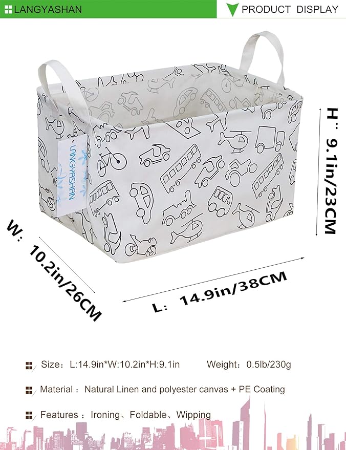 LANGYASHAN Rectangular Storage Bin Collapse Canvas Fabric Cartoon Storage Basket with Handles for Organizing Home Kitchen Boys and Girls Toys Office Closet Shelf Baskets (Rec Vehicle)-Ruum Studio Home