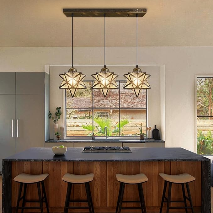 Glass Glam Chandelier 3 Lights Star Pendants Light Fixture for Dining Table Kitchen Island Modern Ceiling Hanging Lights Included LED Warm Light Bulbs Oiled Bronze-Ruum Studio Home