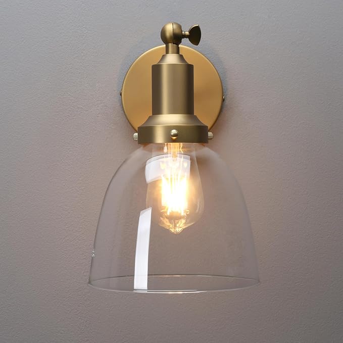 PERMO Industrial Vintage Slope Pole Wall Mount Single Sconce with 6.7" Oval Dome Clear Glass Shade Wall Sconce Light Fixture (Antique Gold)-Ruum Studio Home