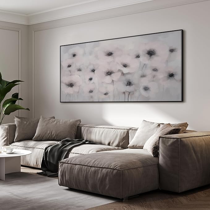 24"x46" Extra Large Framed Wall Art Soft White Poppies Watercolor Floral, Delicate Botanical for Home Living Room Bedroom Decor (Frame Assembly Required)-Ruum Studio Home