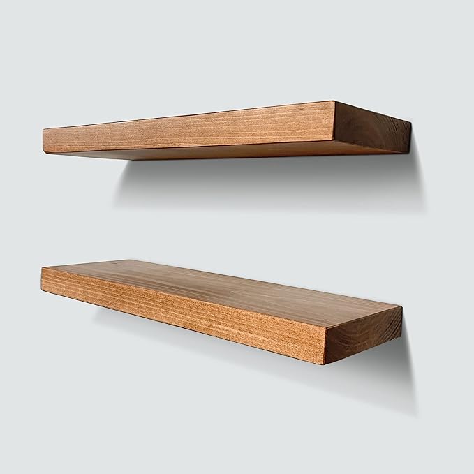 URBANDI, Rustic Floating Shelves, Set of 2, Hidden Bracket, Solid Wood, Heavy Duty, Wall Mounted Shelves, (Brown, 12Wx8D)-Ruum Studio Home