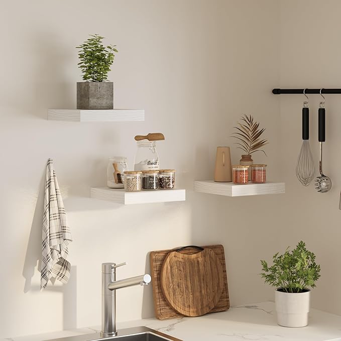 Square Floating Shelves for Wall, 12" W x 12" D x 1.2" H, Small Wooden Wall Mounted Display Shelves with Invisible Brackets for Living Room, Bedroom, Bathroom, Kitchen Decor, Set of 3, White-Ruum Studio Home