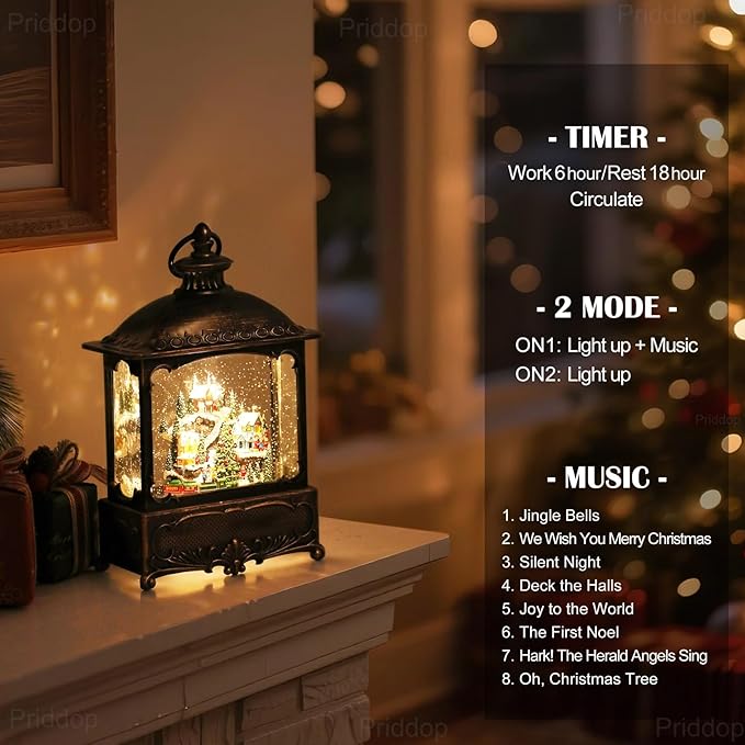 Christmas Snow Globe Lantern Christmas Decorations Gifts Snowy Village Scene Snowman Church Cabin Train Musical Glitter Snowfall USB/Battery Timer 12 inch-Ruum Studio Home